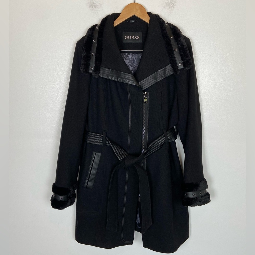 Guess Women's Trench Coat Size XXL Black Faux Fur Trim Leather Trim Belted